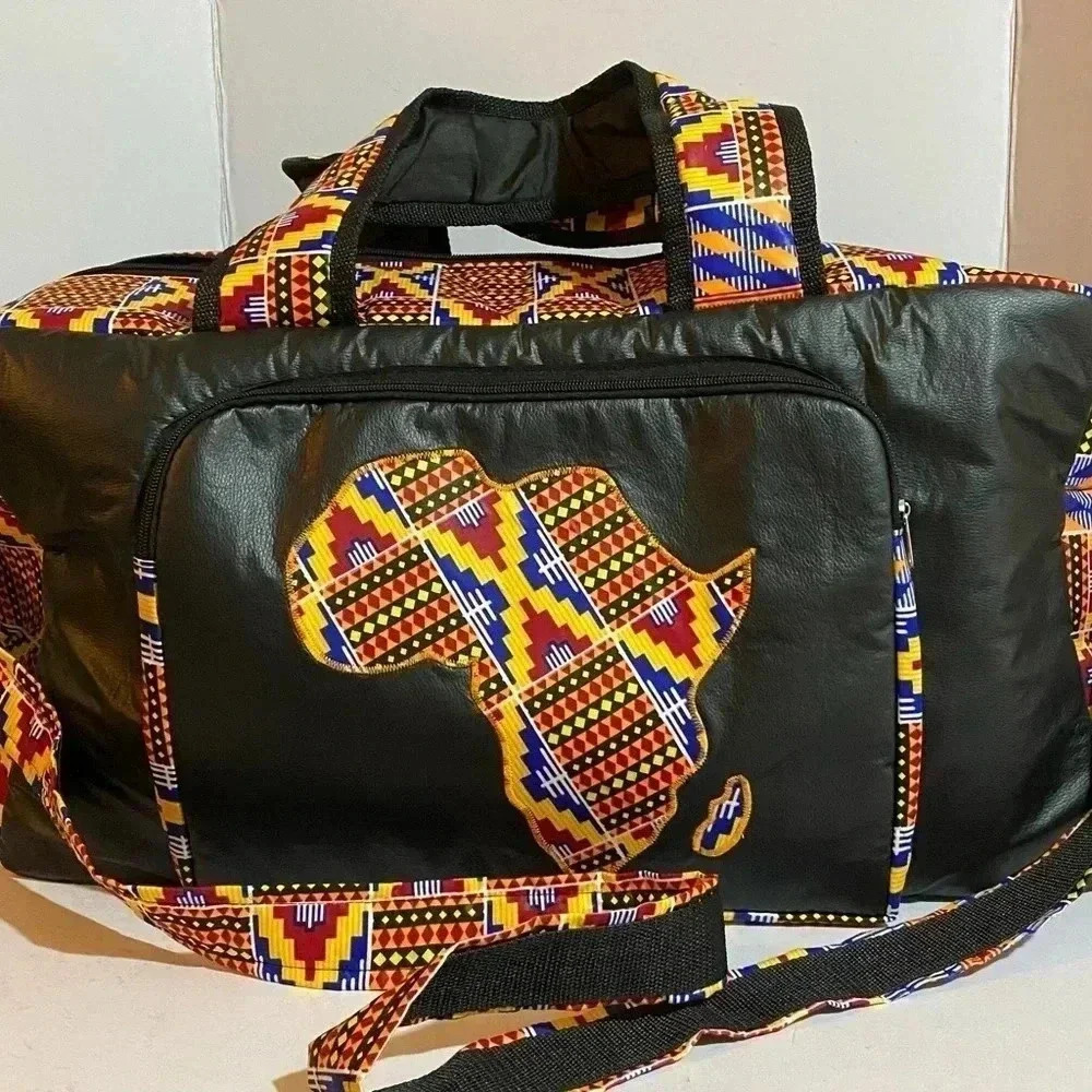 Handcrafted  unisex Ankara print vinyl leather duffel weekend travel bag - Picture 3 of 11